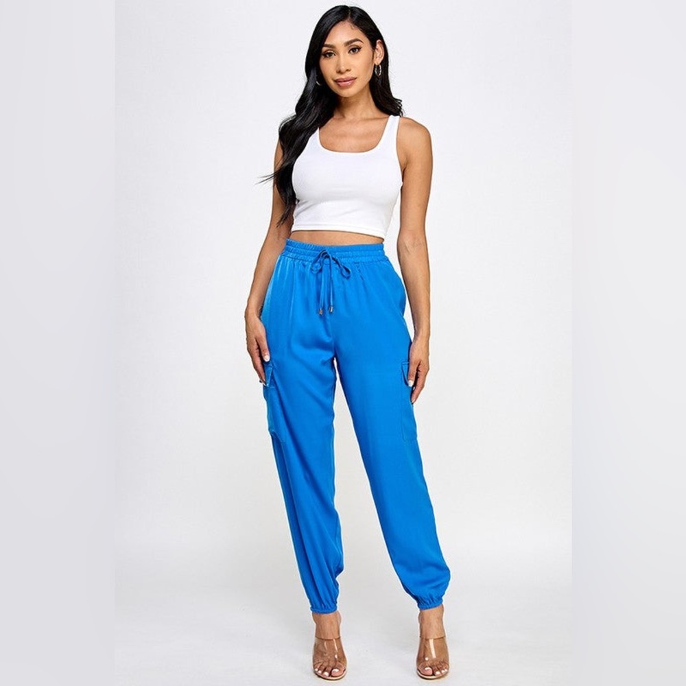 Women's Bright Blue Cargo Jogger Pants with Drawstring Waist